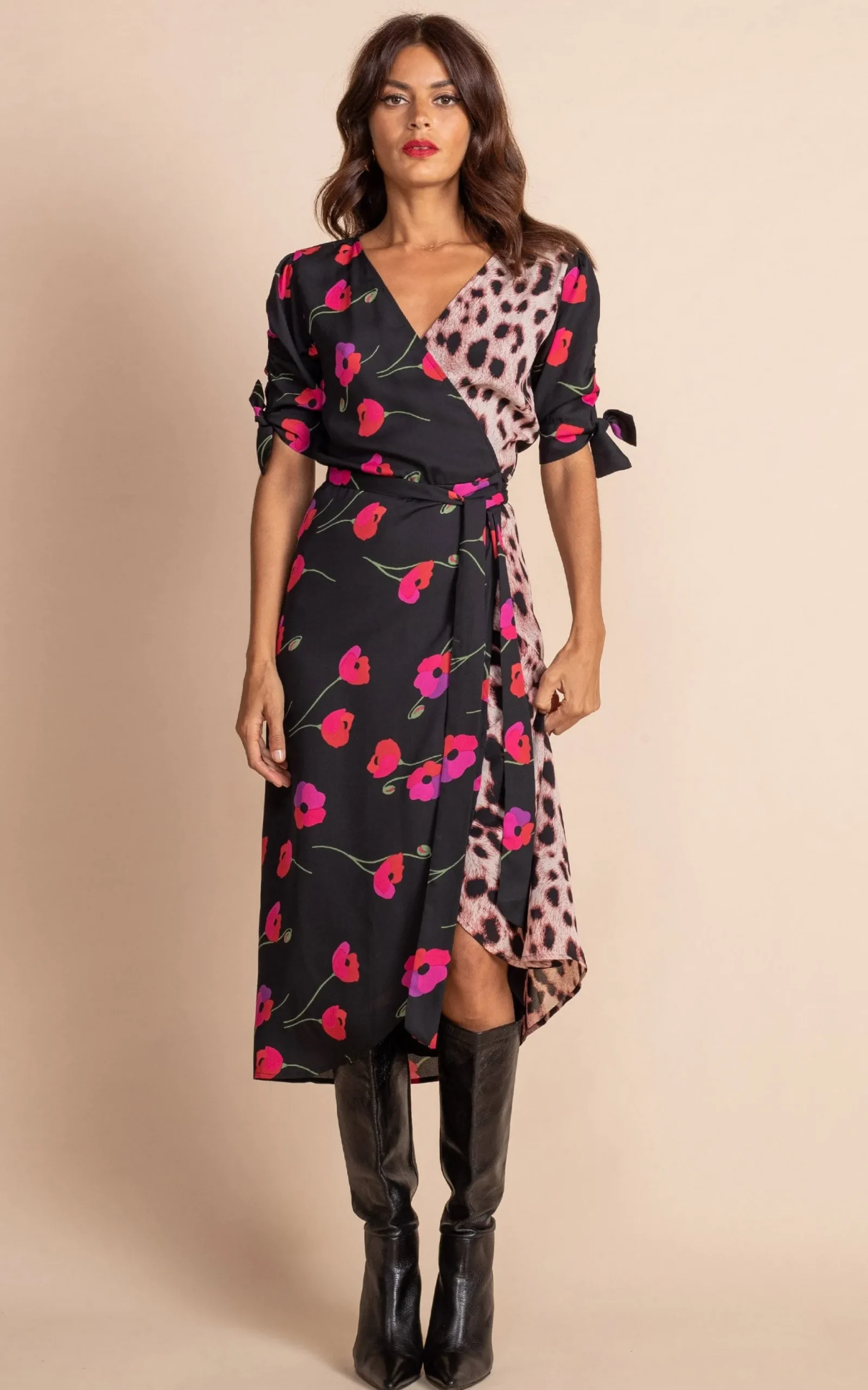 Olivera Midi Wrap Dress In Poppies On Black Mix