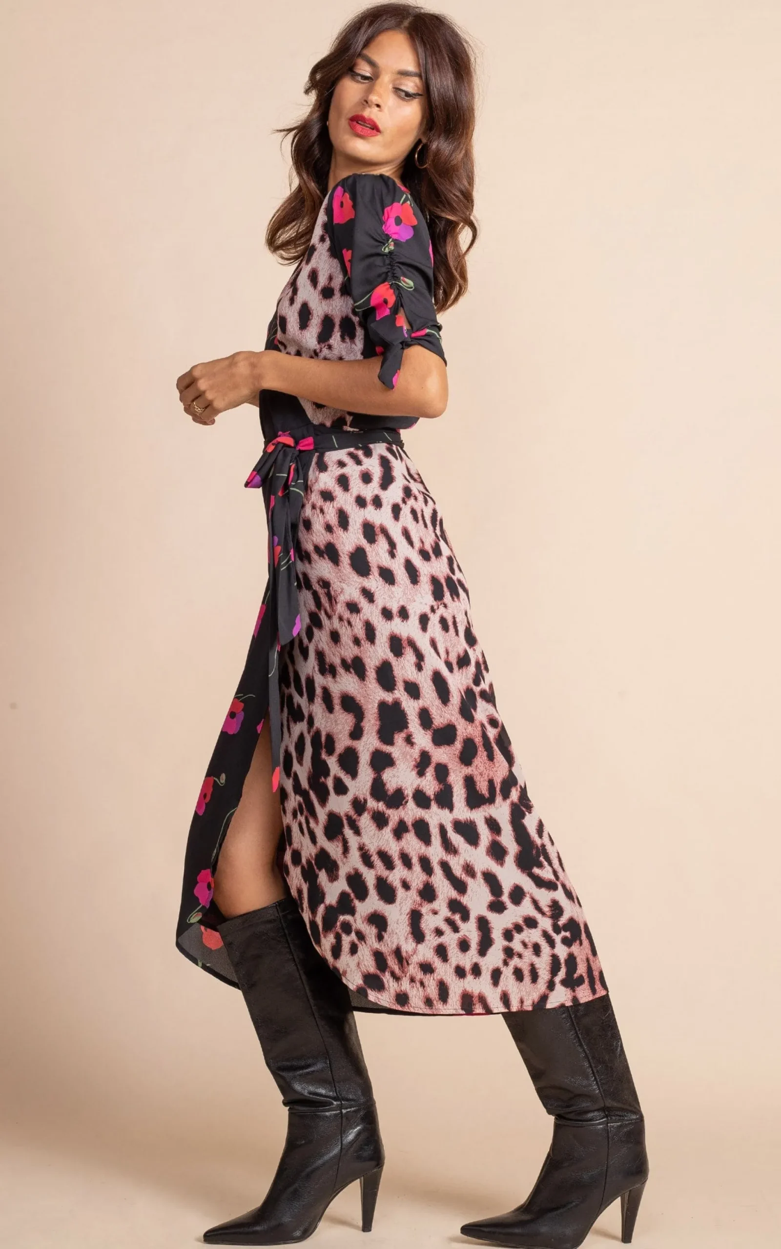 Olivera Midi Wrap Dress In Poppies On Black Mix