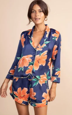 Oona Shortie Pj Set In Orange On Navy Tulip