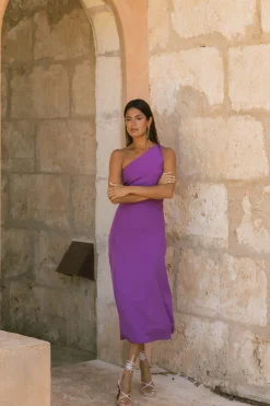 Portia Linen Midi Dress In Purple