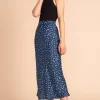 Renzo Satin Midi Slip Skirt In Abstract White On Navy