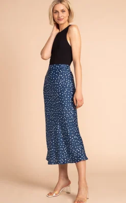 Renzo Satin Midi Slip Skirt In Abstract White On Navy