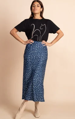 Renzo Satin Midi Slip Skirt In Abstract White On Navy