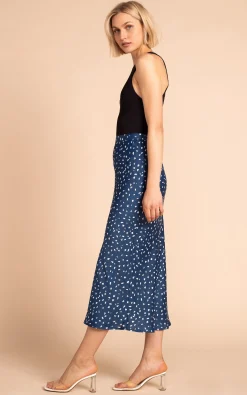 Renzo Satin Midi Slip Skirt In Abstract White On Navy