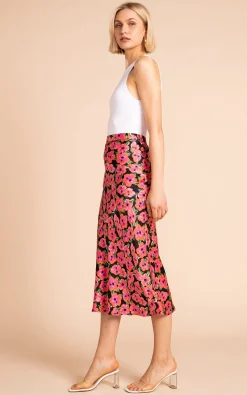 Renzo Skirt In Pink On Black Hibiscus
