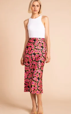 Renzo Skirt In Pink On Black Hibiscus