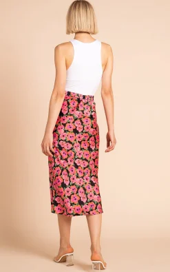 Renzo Skirt In Pink On Black Hibiscus