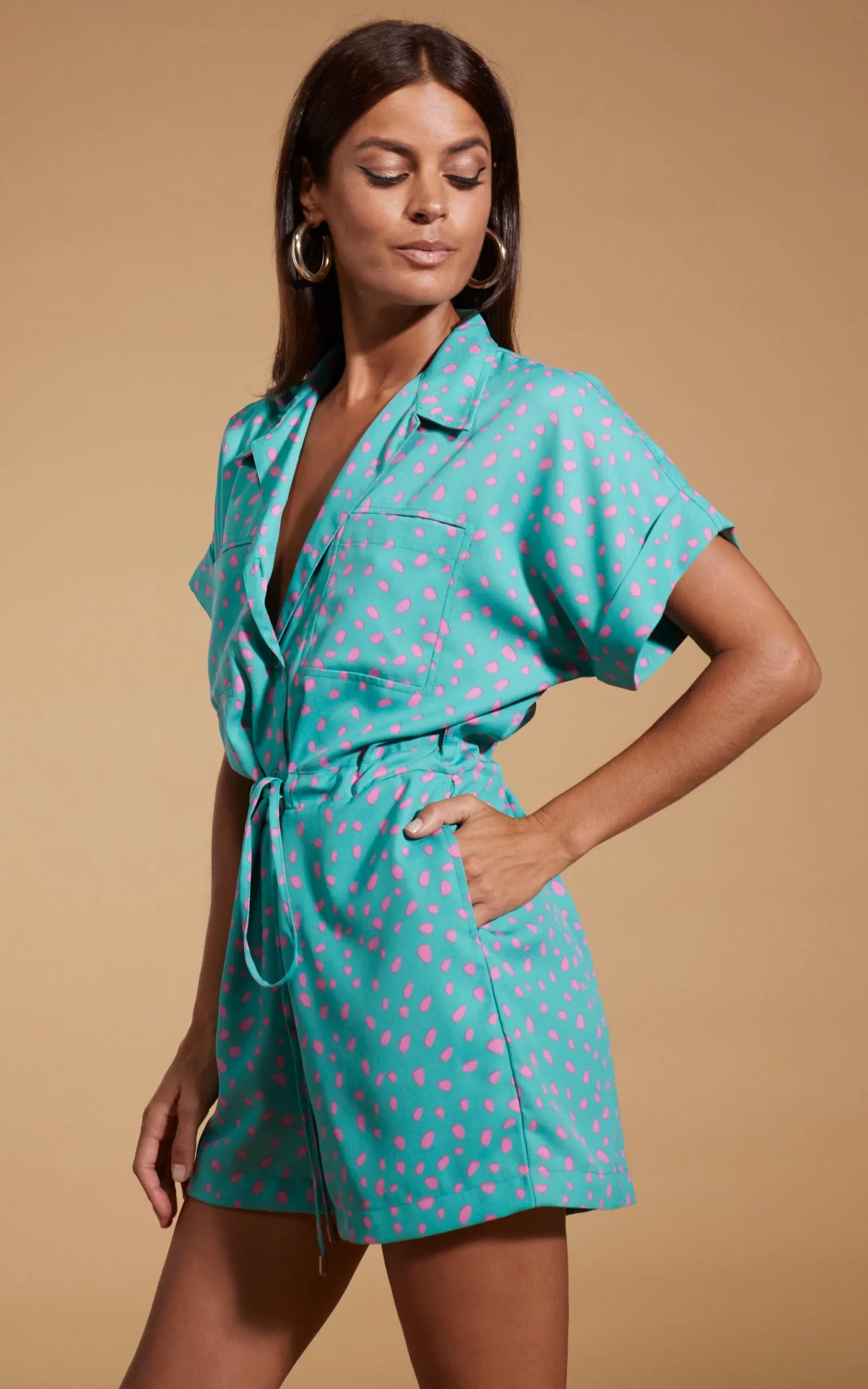 Rizzo Shirt Playsuit In Abstract Pink On Sea Green