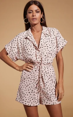 Rizzo Shirt Playsuit In Abstract Black On Beige