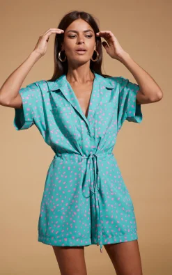 Rizzo Shirt Playsuit In Abstract Pink On Sea Green