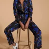 Roxanna Zip Jumpsuit In Camo Abstract Blue On Black