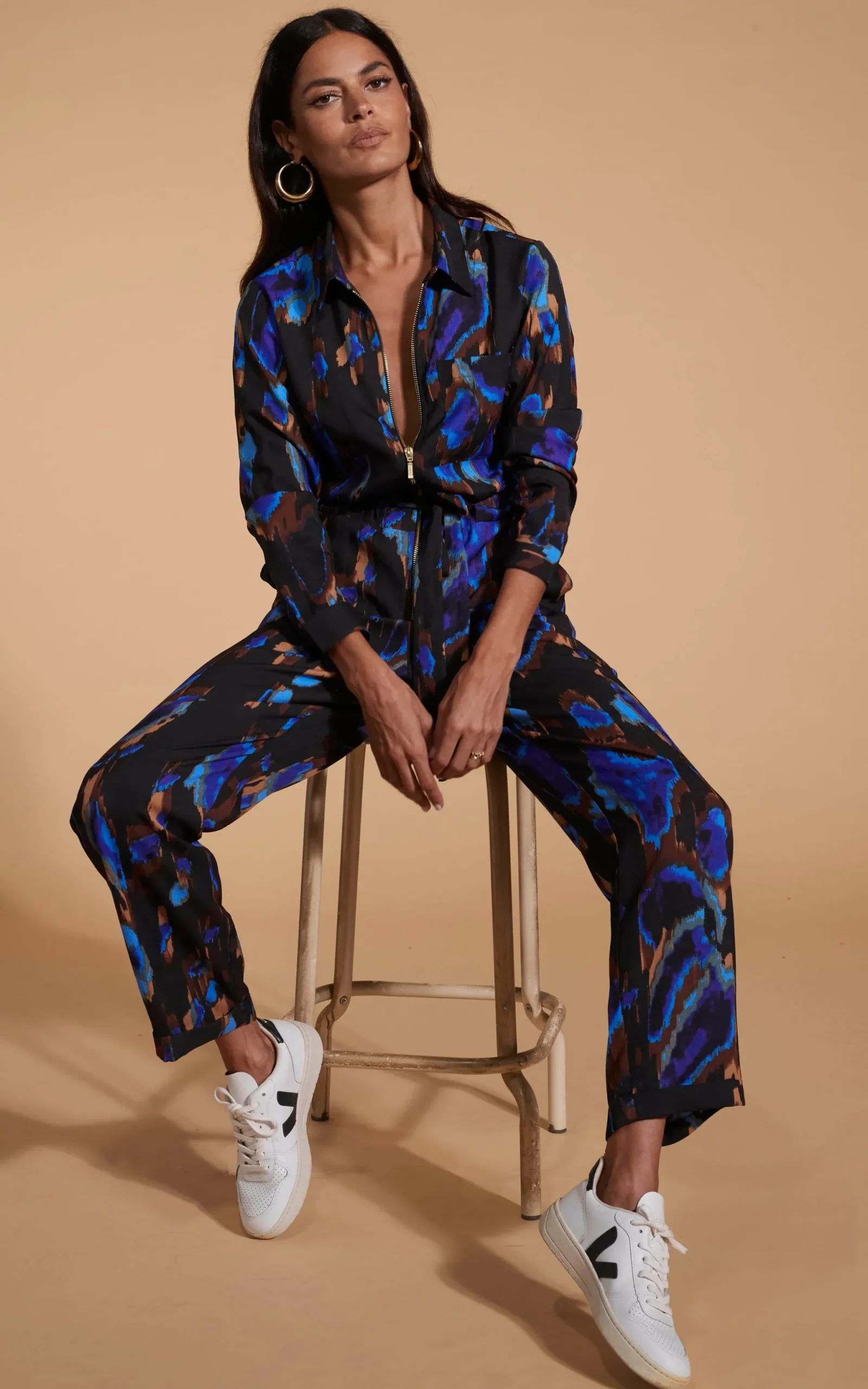Roxanna Zip Jumpsuit In Camo Abstract Blue On Black