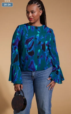 Suvi Flare Sleeve Top In Camo Abstract Blue On Green- Extended Sizing