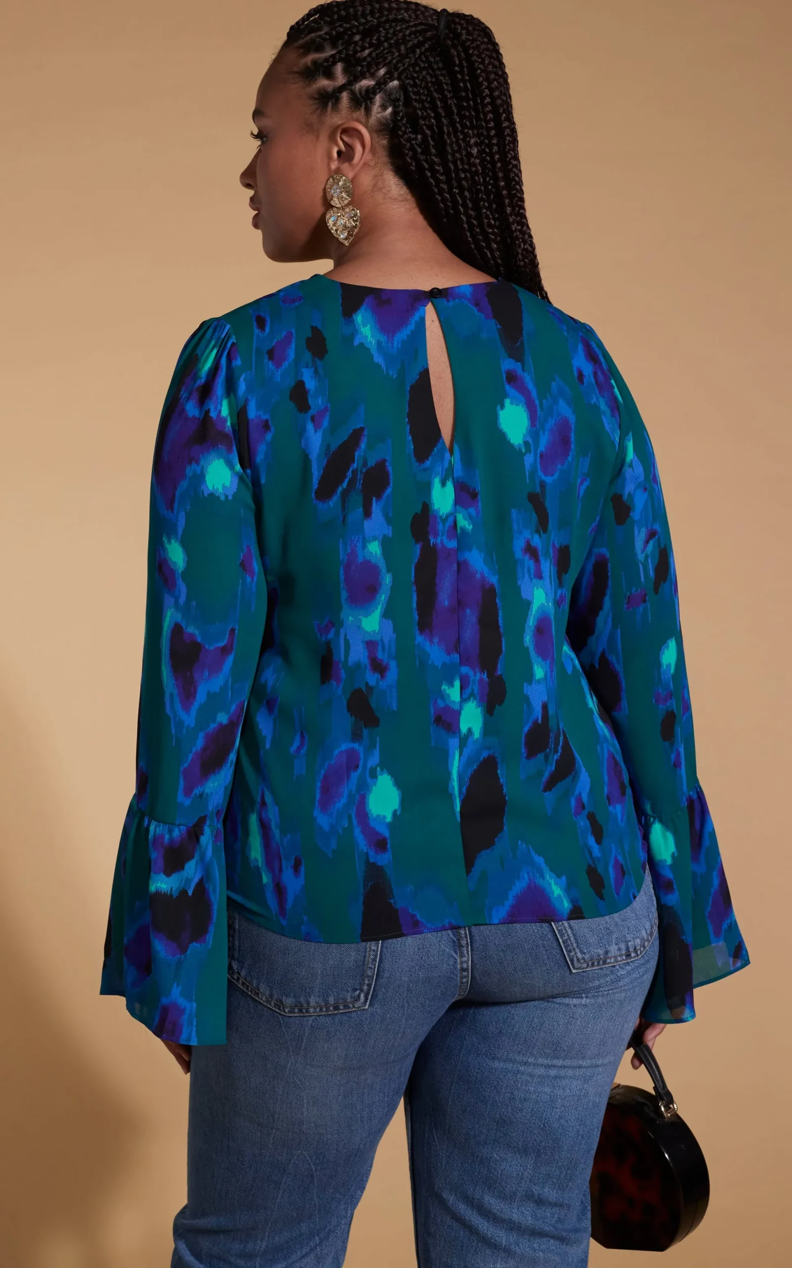 Suvi Flare Sleeve Top In Camo Abstract Blue On Green- Extended Sizing