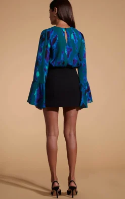 Suvi Flare Sleeve Top In Camo Abstract Blue On Green
