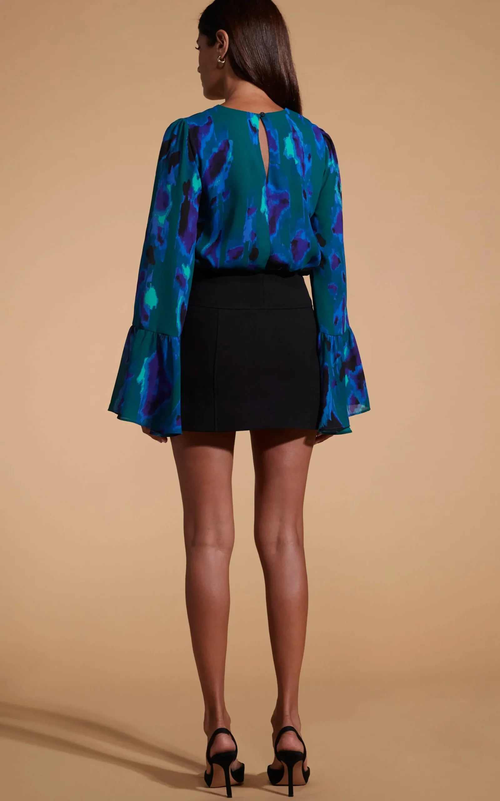 Suvi Flare Sleeve Top In Camo Abstract Blue On Green