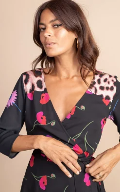 Teagan Mini Wrap Dress In Poppies On Black Mix