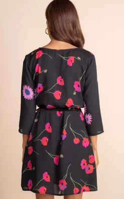 Teagan Mini Wrap Dress In Poppies On Black Mix