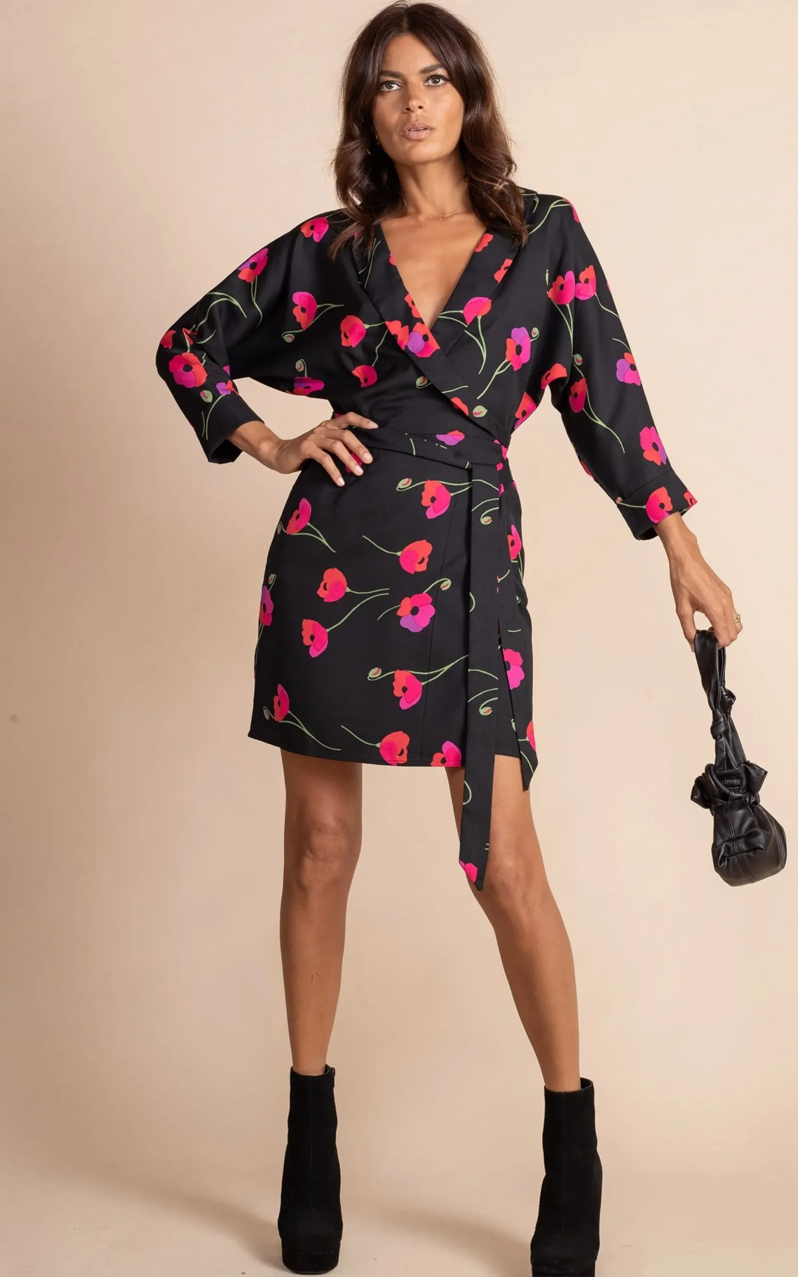 Valley Mini Dress In Poppies On Black