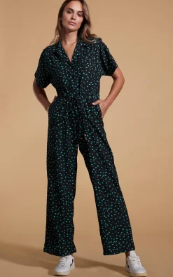 Zeta Jumpsuit In Abstract Green On Black