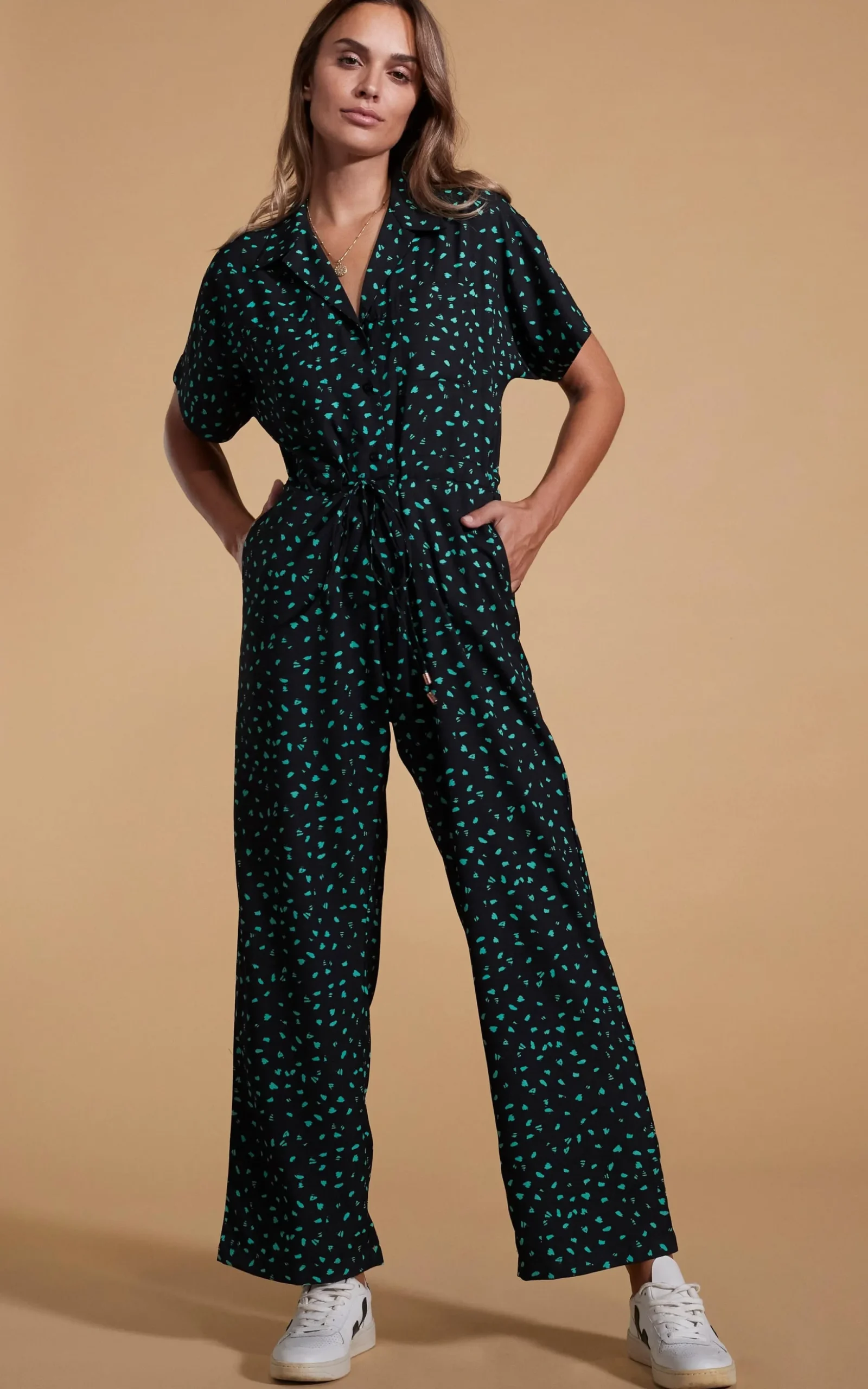 Zeta Jumpsuit In Abstract Green On Black
