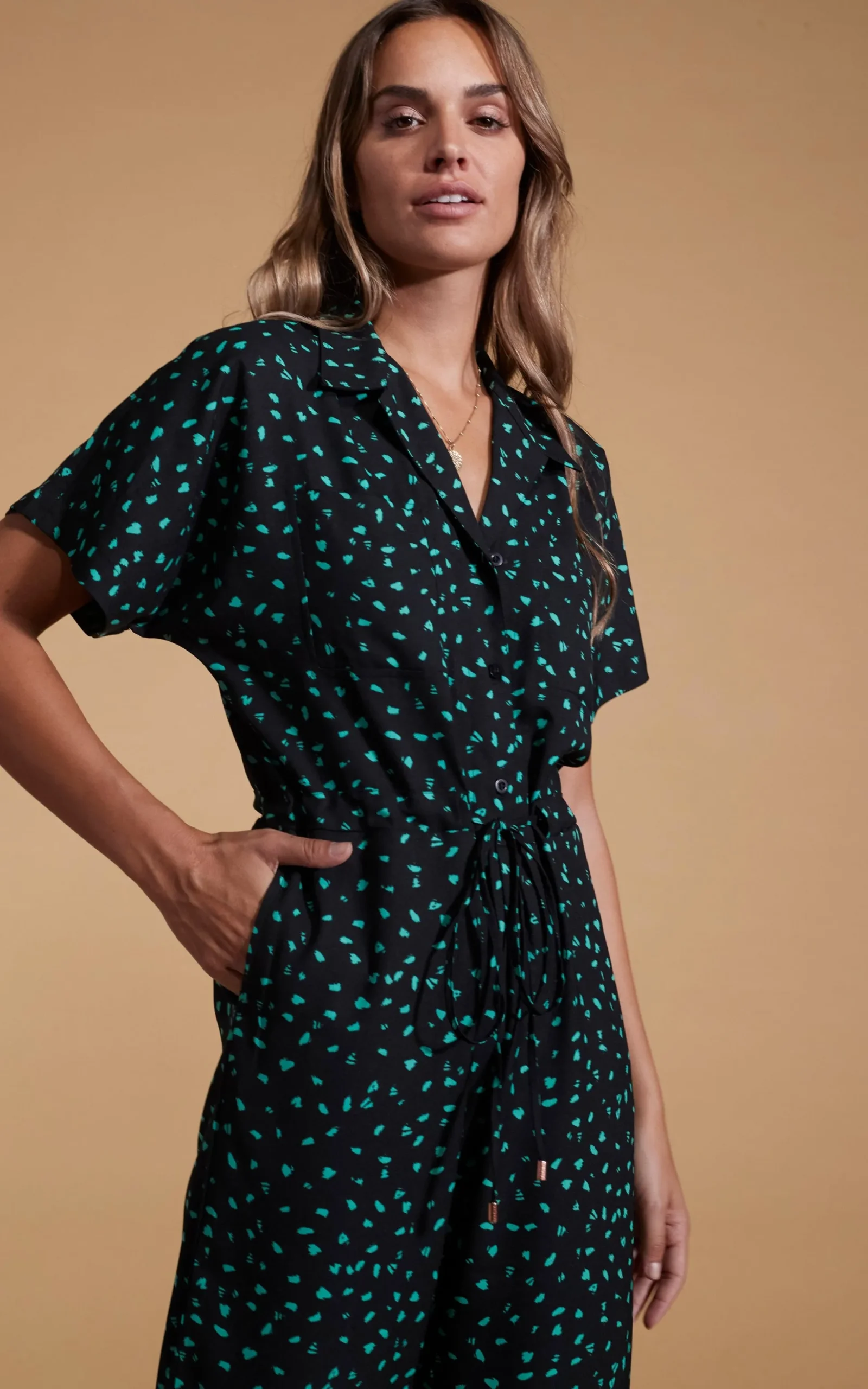 Zeta Jumpsuit In Abstract Green On Black
