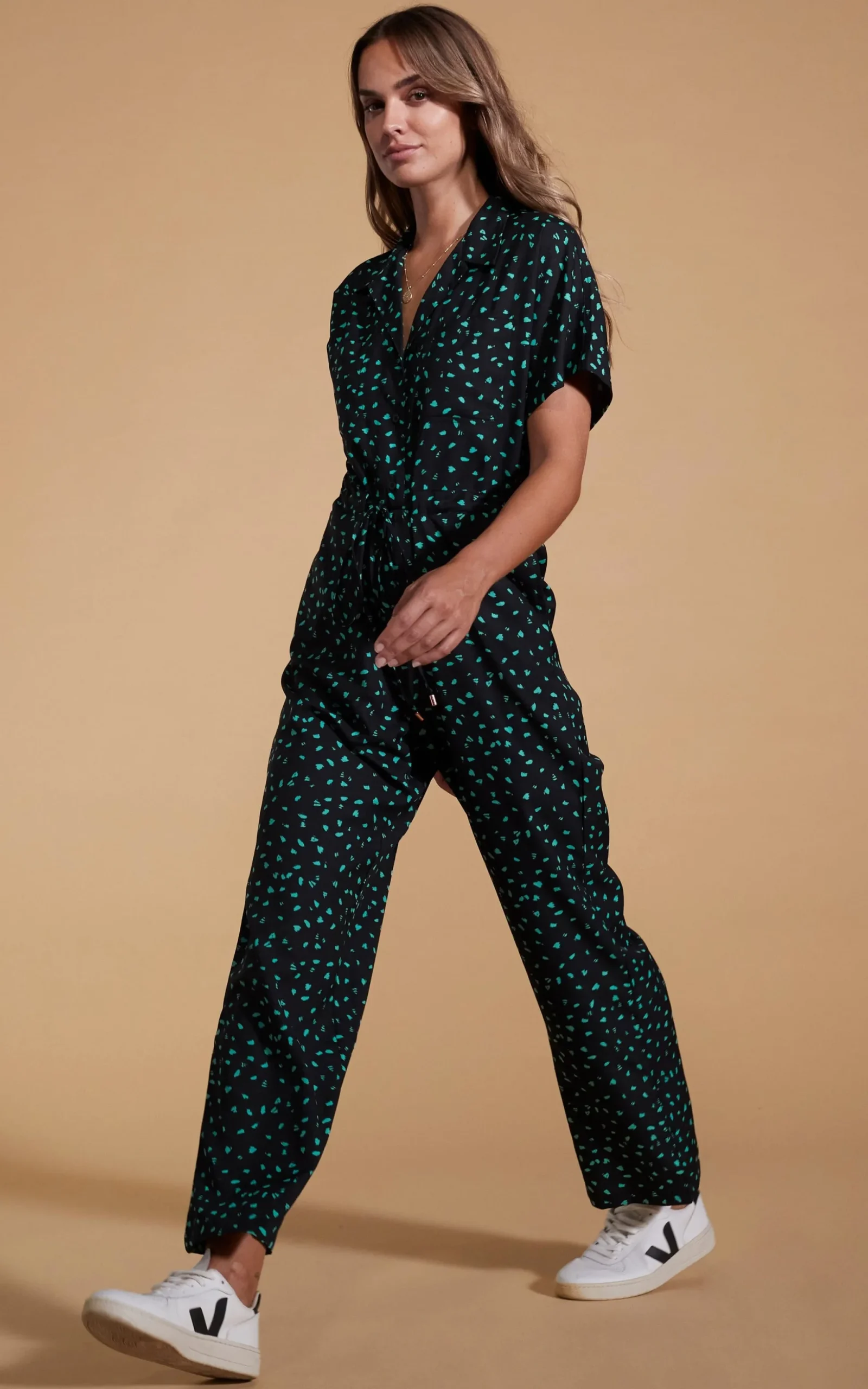 Zeta Jumpsuit In Abstract Green On Black