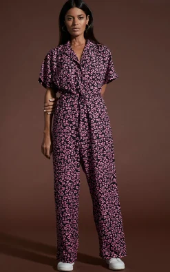 Zeta Jumpsuit In Pink On Black Leopard