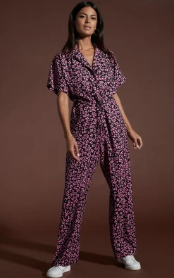Zeta Jumpsuit In Pink On Black Leopard