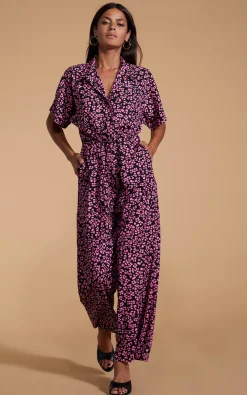 Zeta Jumpsuit In Pink On Black Leopard